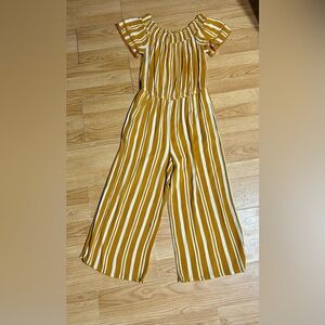 3/20 Ladies small mustard/white striped cropped wide leg jumpsuit